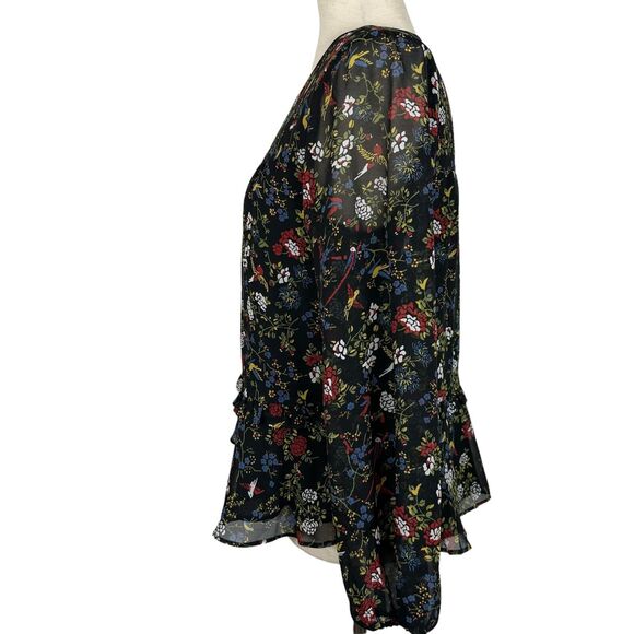Madewell Top Women Size Small Bird Floral Dark Cottagecore Ruffle Peplum Blouse - Picture 3 of 14